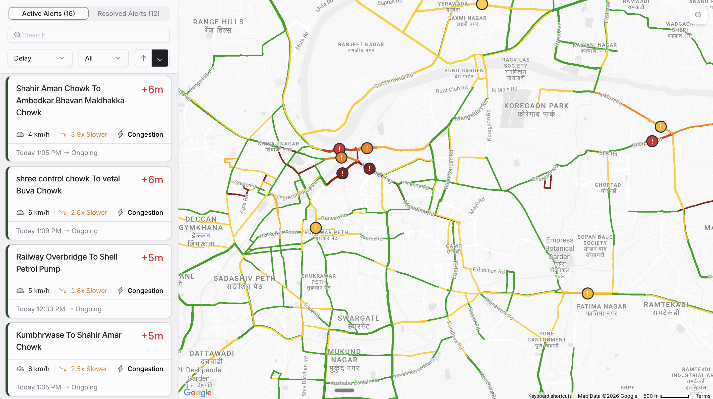 The Alerts feed: Active and Resolved tabs, a list of congestion alerts on the left, and a live traffic map colour-coded by delay on the right