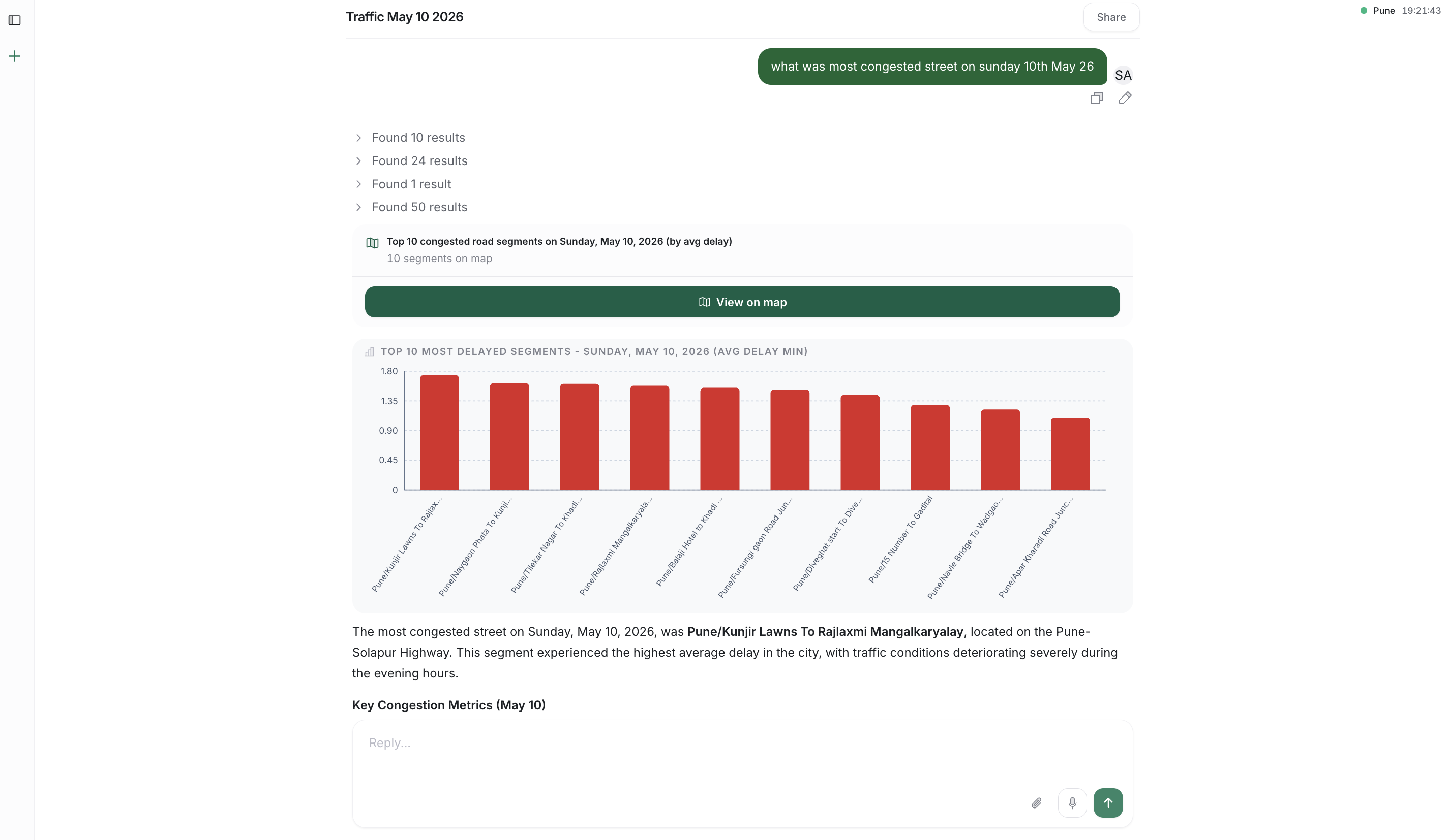 The Ask assistant answering a question with hero numbers, charts and a map of the road network