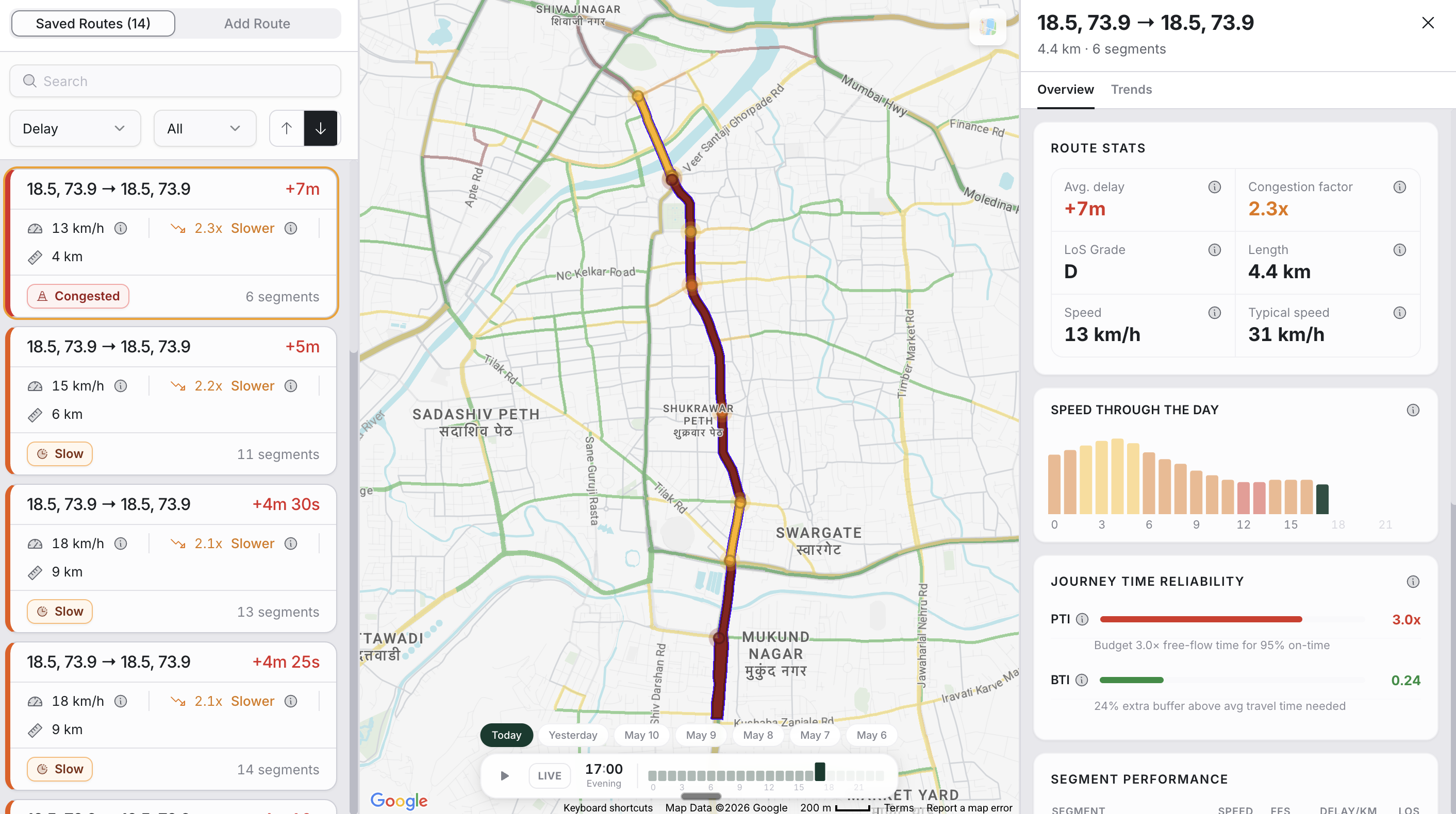 The Route Monitoring view showing a custom route on the map with travel time, delay and segment breakdown